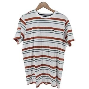 Le Shark Striped T-Shirt Mens Large White Rust Teal Short Sleeve Crew Neck Tee